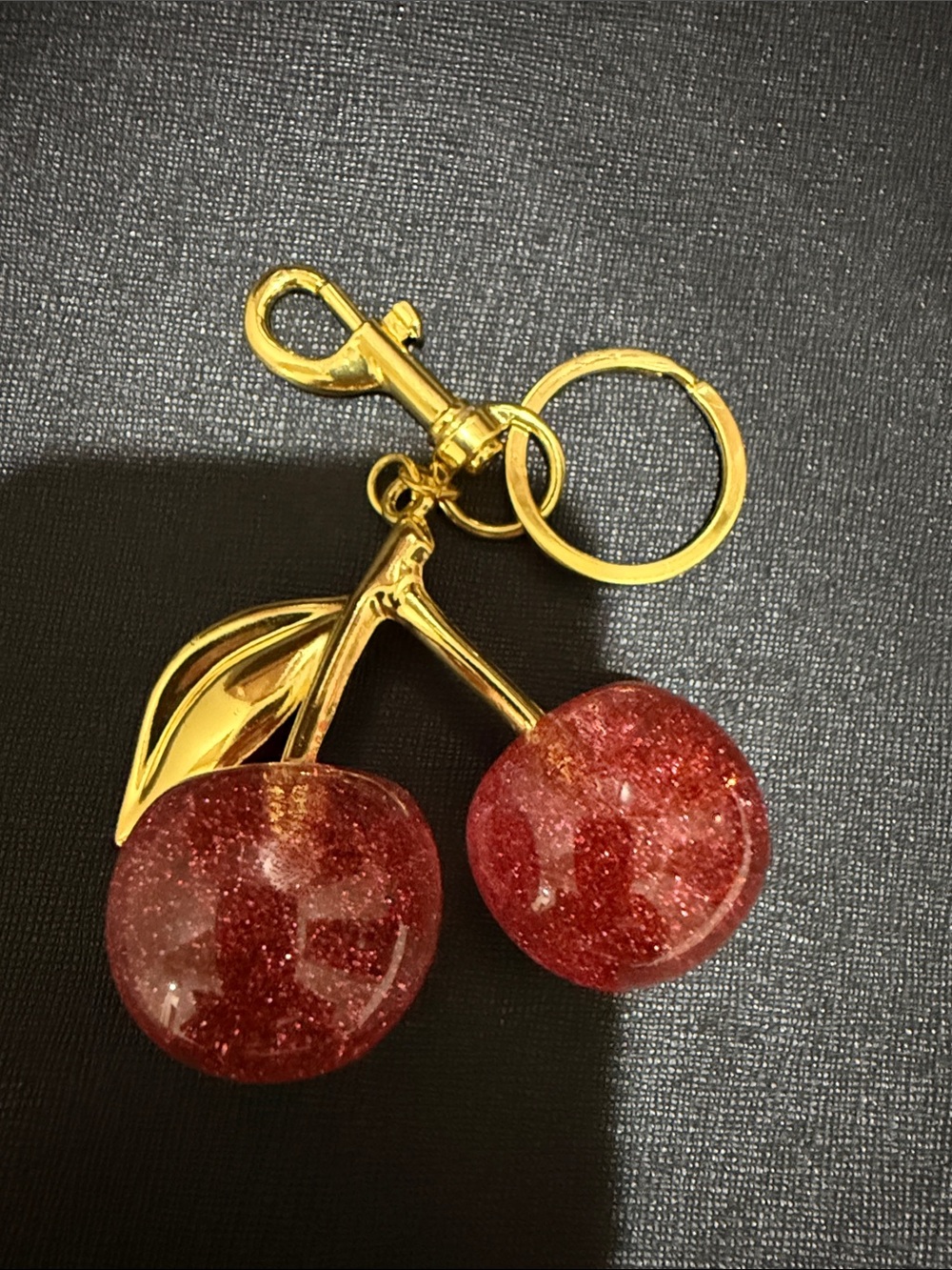 Pink Cherry  Gold Tone Keychain Bag Charm  with Glitter NWOT